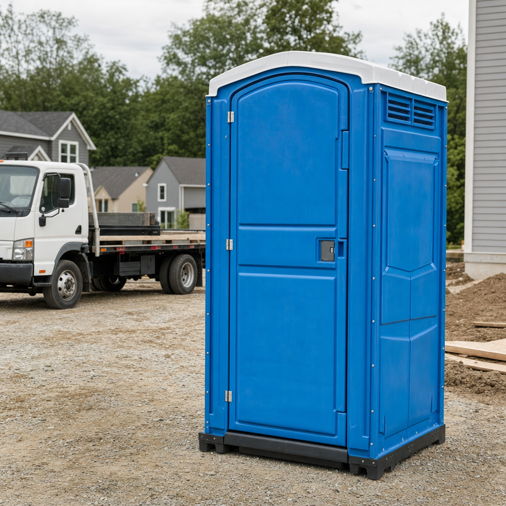 Delivery driver positioning a clean royal-blue portable toilet on level ground at a Toledo worksite