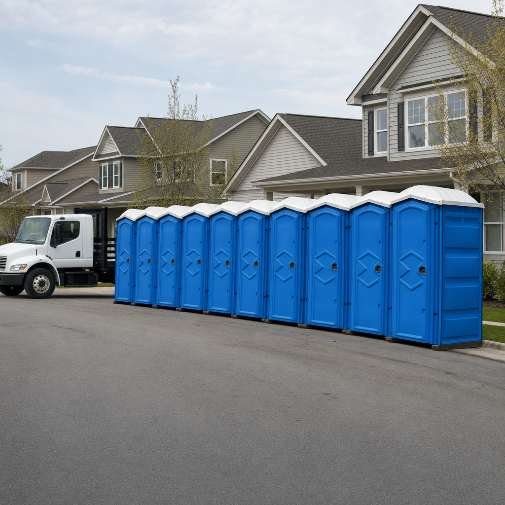 Royal blue portable toilets staged in a tidy row at a Toledo jobsite, ready for delivery